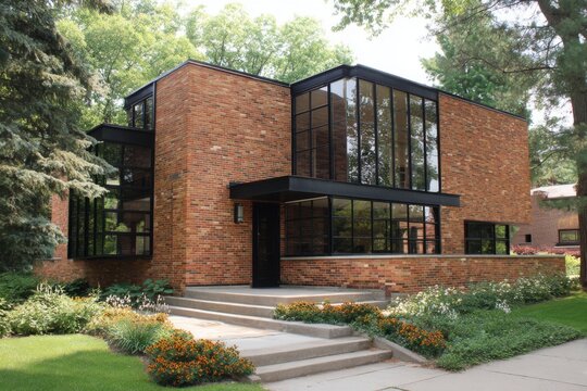 A contemporary brick home featuring expansive windows is nestled in a suburban neighborhood, offering a beautiful view of the lush greenery surrounding it during the sunny daytime hours