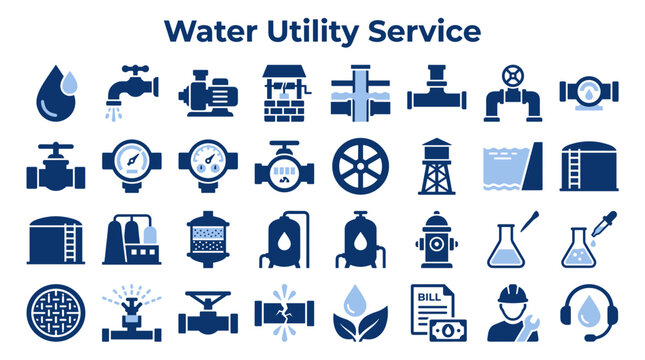 Set of water utility service icons representing plumbing infrastructure treatment and distribution systems in flat blue style