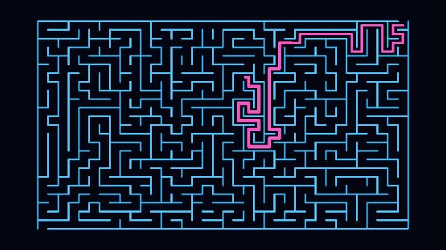 Neon maze path being traced in topdown view progressive reveal, path tracing, top-down view, path extending