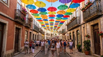 Fototapeta premium Tourists walking along a narrow cobblestone European street decorated with a colorful canopy of floating umbrellas under a clear blue sky