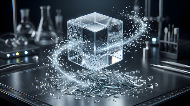 Glass cube shattering in scientific laboratory setting
