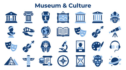 Collection of museum and cultural icons representing history science art and education in a minimalist blue design style © Iconique Studio