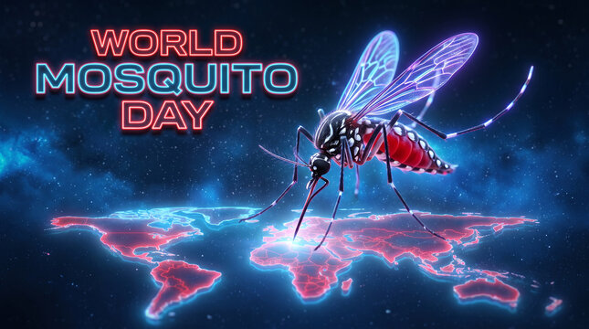 World Mosquito Day neon text with detailed mosquito over glowing global map on dark blue background