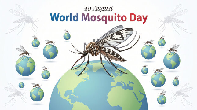 World Mosquito Day illustration with large mosquito on globe and smaller ones surrounding on a white background