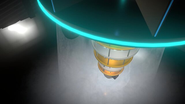 Wide dramatic overhead static perspective observing a quantum computer core featuring a cryogenically cooled golden processors suspended in an industrial vault, panoramic view.