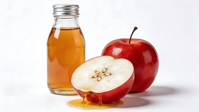 Fresh Apple Cider Vinegar in a Glass Bottle with Whole and Halved Apples.
