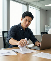 Fototapeta premium Frustrated Businessman Crumpling Paper at Office Desk During Work