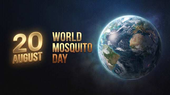 World Mosquito Day 20 August golden text with glowing Earth in dark starry space