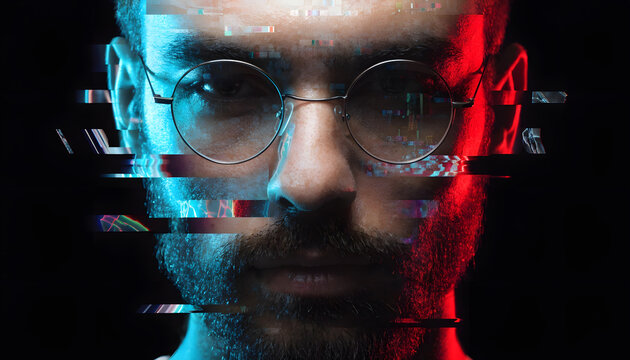 Digital avatar identity and internet privacy security. Cybersecurity network and virtual matrix environment. Man face wearing round glasses looking ahead with digital pixel glitch scan lines