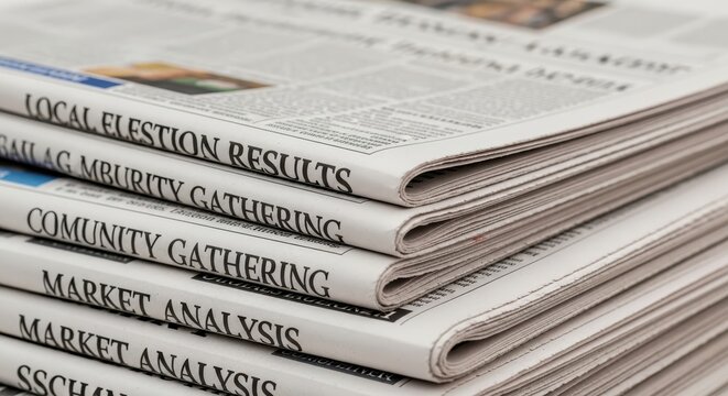 Stack of Folded Newspapers with Headlines about Local Elections and Market Analysis for Media and Journalism Concept