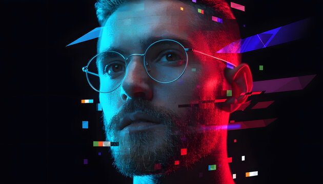 Cyberspace meta environment and high technology programming. AI data analysis and developer workspace. Young smart man with glasses looking up amid neon floating pixel geometric blocks