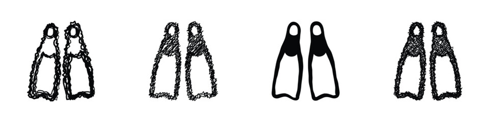 A collection of four distinct artistic interpretations of swimming flippers, showcasing varied sketch and outline styles for aquatic activities © Vova7