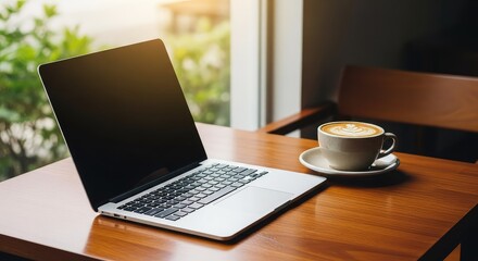 Fototapeta premium A portable computer sits on a wooden table next to a ceramic cup of latte in a cozy, sunlit cafe interior with soft blurred greenery, beverage, digital, remote