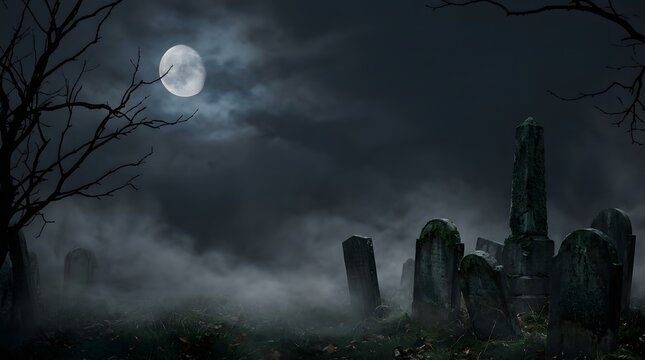 Moody night sky with a glowing moon above rocky silhouettes in a foggy environment.