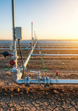 A precision irrigation system with modern valves and pipes is installed over a vast area of dry, cracked earth to manage scarce resources, flow, valves, hardware