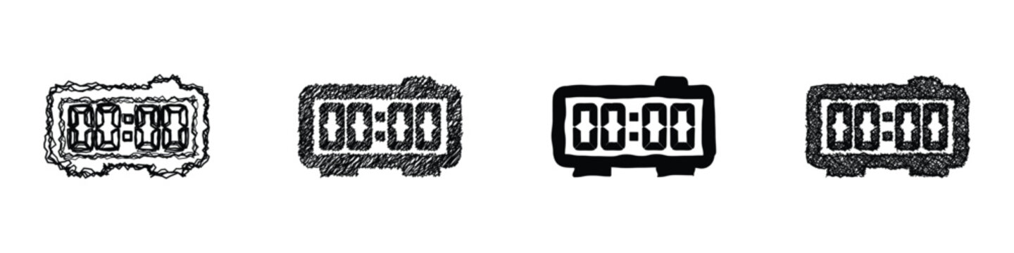 A collection of four distinct digital clock icons, each displaying 00:00, rendered in different artistic interpretations