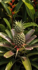 Obraz premium A small green pineapple fruit emerges from a bromeliad plant amidst lush foliage in a sunny tropical garden with soft natural lighting, crop, outdoor, foliage
