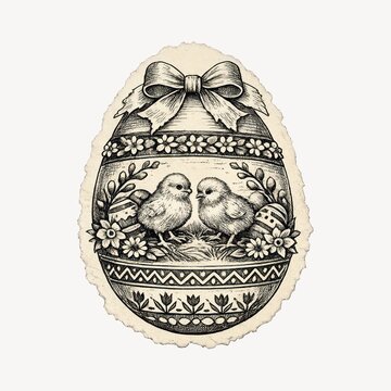Vintage illustration of two chicks in an ornate Easter egg design.