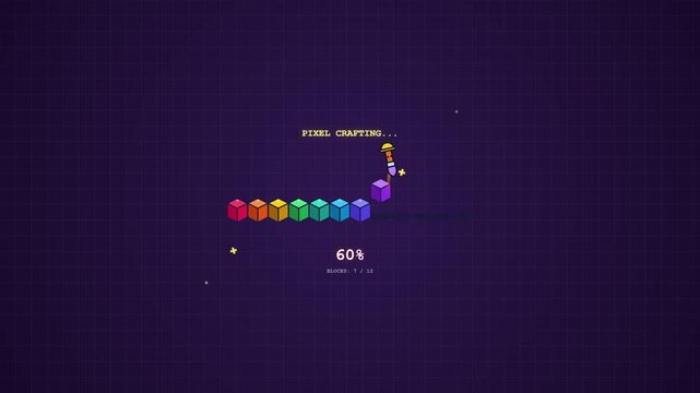 Pixel Art Loading Screen Animation with Crafting Rocket and Colorful Blocks Progress Bar