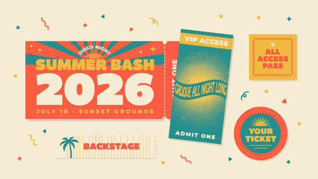 Summer bash event tickets and backstage pass a vibrant vector illustration with confetti concert festival music party admission