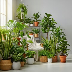 Fototapeta premium A vibrant indoor sanctuary filled with an abundance of lush green potted plants, creating a serene and cozy botanical oasis within a home, plants, lush, greenery