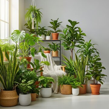 A vibrant indoor sanctuary filled with an abundance of lush green potted plants, creating a serene and cozy botanical oasis within a home, plants, lush, greenery