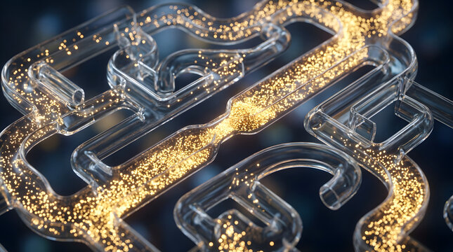 Transparent glass chain links with golden glowing particles