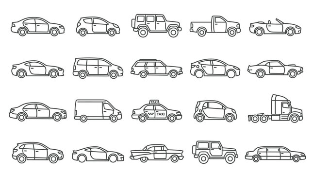 Set of various car type icons in thin line style isolated on white background.