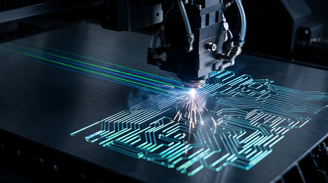 Laser machine engraving circuit board pattern on metal surface