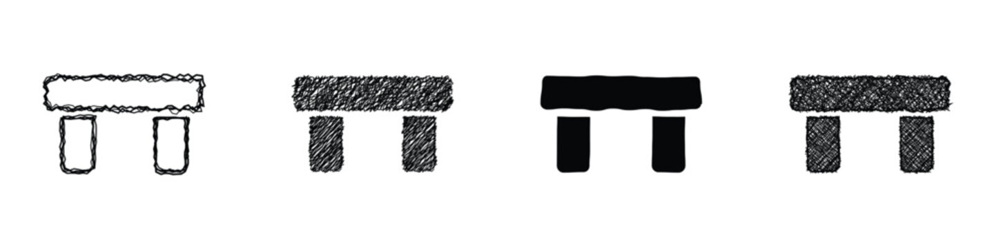 A set of four abstract representations of ancient megalithic structures, each depicted with unique artistic textures and line work