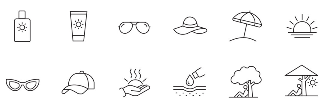 Sun protection line icon set including sunscreen, sunglasses, sun hat, umbrella, and shade vector icons