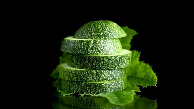 Fresh summer zucchini harvest with glossy reflection on black background