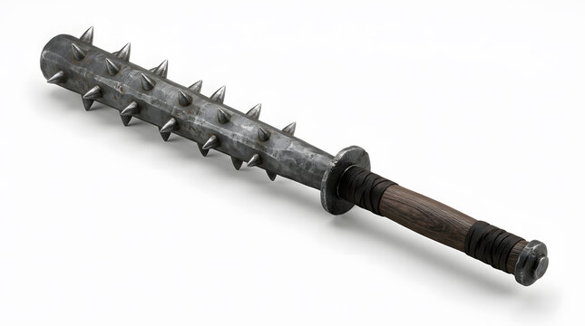 Medieval spiked mace weapon with wooden handle on white background