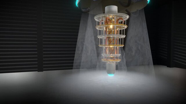 Wide expansive ultra-wide establishing shot inside a quantum computer core featuring a cryogenically cooled golden processors suspended in an industrial vault, panoramic view.