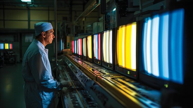 Technician inspecting electronic displays with vibrant test patterns at an electronics manufacturing facility