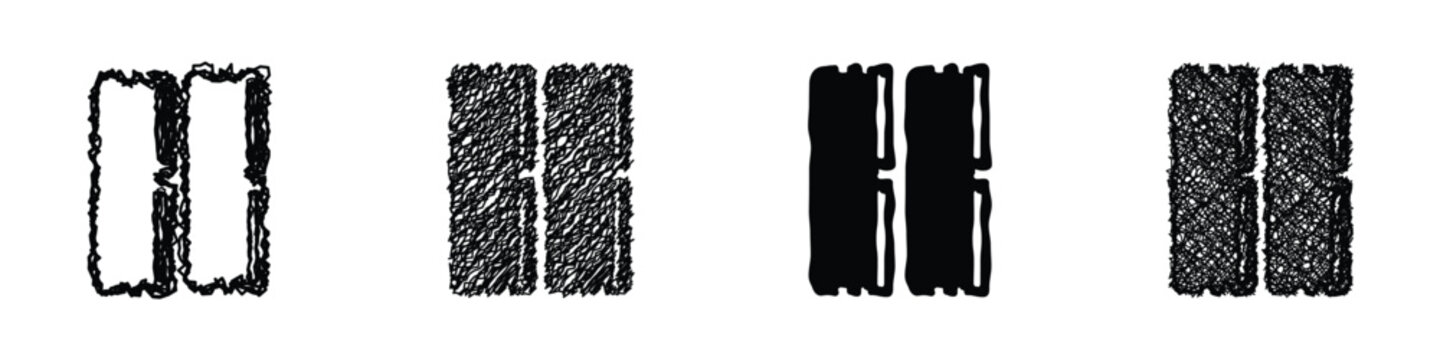 Collection of pause symbols rendered in various artistic styles, including outline, sketch, solid fill, and textured variations