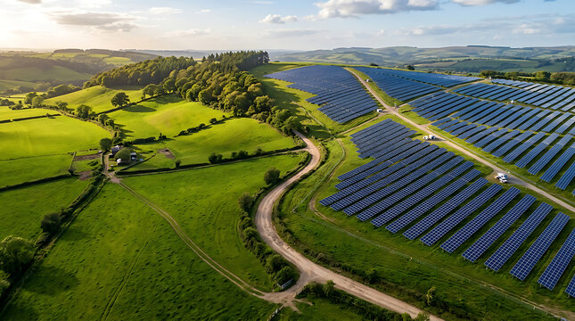 Aerial view of solar farm and green fields. Renewable energy and sustainable landscape.