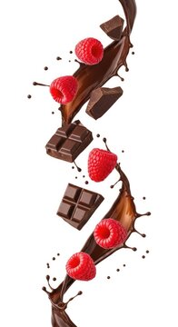 Fresh red raspberries flying with broken dark chocolate chunks and artistic liquid splashes of cocoa against a bright white background, dynamic, splash, red