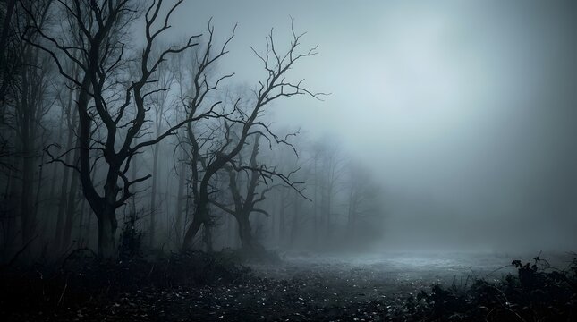 Bare trees in thick fog creating a minimal, eerie, and mysterious forest atmosphere.
