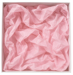 Fototapeta premium Realistic gift box filled with crumpled pink tissue paper isolated on transparent background. Premium quality packaging mockup featuring decorative tissue paper for gift wrapping, product presentation