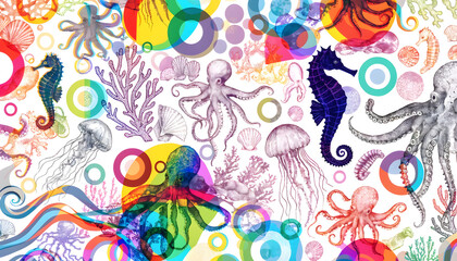 Obraz premium Colorful abstract underwater pattern filled with octopuses, seahorses, and jellyfish sketches. Creative aquatic marine life print concept. Hand drawn sea creatures moving across a vivid canvas