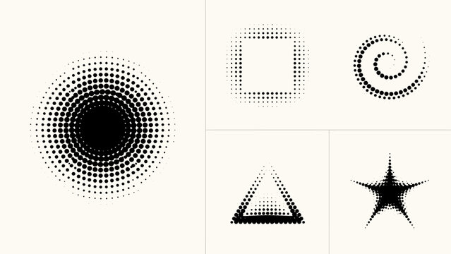 Halftone dot pattern geometric shapes on a white background a vector illustration collection circle square triangle star spiral