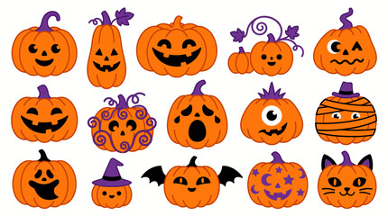 Obraz premium Halloween pumpkin jack o lantern icons, cute orange and purple autumn vegetable characters, set of 15 spooky holiday vector elements isolated on White Background