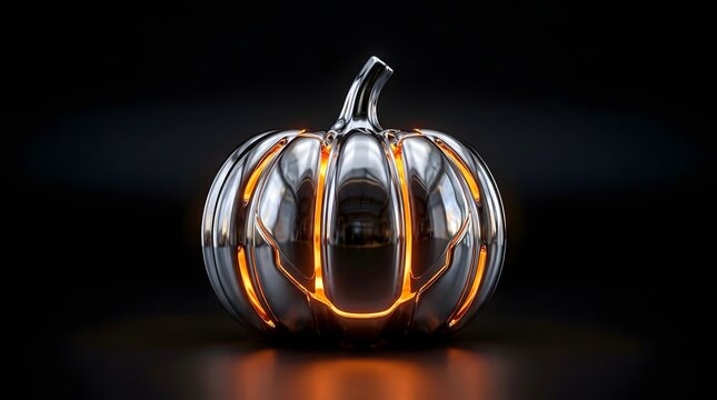 Futuristic metallic pumpkin with glowing orange lines, blending Halloween theme with sci-fi design.
