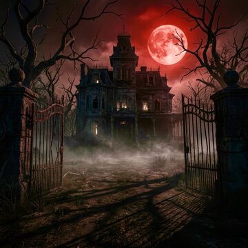 Grim mansion looms behind iron gates under a blood-red moon