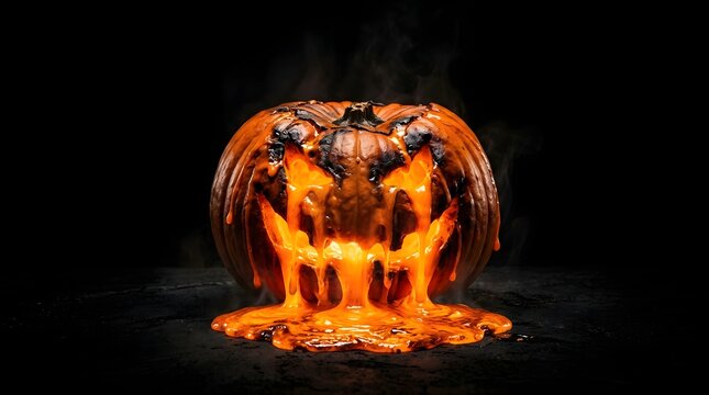 Carved pumpkin melting with glowing lava-like texture, creating a surreal and horror-inspired visual.