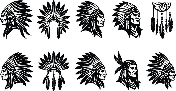 Set of native american chief head profile silhouettes featuring detailed feather war bonnets dreamcatcher and traditional indigenous warrior mascots
