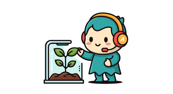 Cute cartoon character with headphones tending to a small plant in a glass terrarium with a grow light.