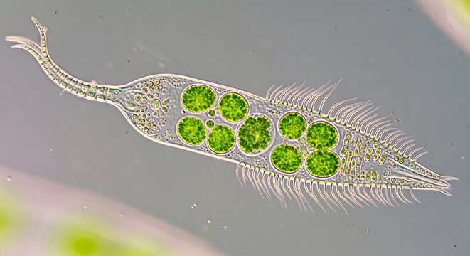 Aquatic microorganism with cilia and green granules under microscope