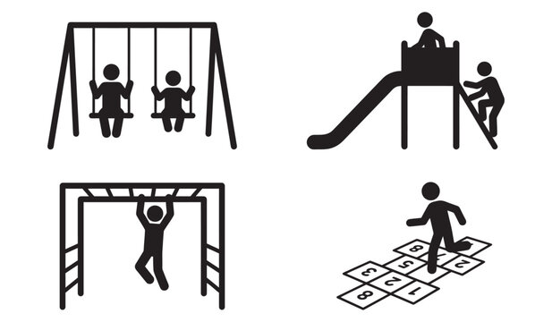 Playground Kids Silhouettes Playing Swings Slide Monkey Bars Hopscotch Vector Icons